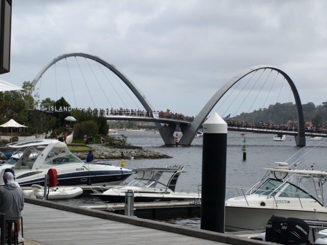 The large crowd filled up the bridge in Elizabeth Quay.