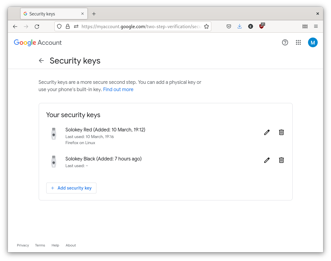 Securing my Google account with my new U2F keys.